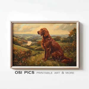 Puede incluir: Impresión enmarcada que presenta un perro marrón rojizo sentado en un campo, con vistas a un paisaje con un río y árboles. La obra de arte tiene una estética vintage, con el texto "OSI PICS PRINTABLE ART & MORE" en la parte inferior.
