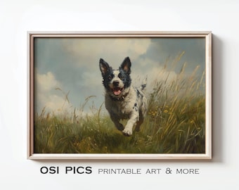 Vintage Blue Heeler Painting, Rustic Australian Cattle Dog Print, Cabin Decor, Gift for Dog Lovers, Digital Download, Printable Wall Art