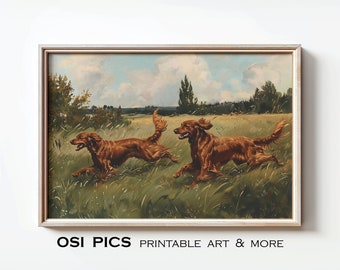 Vintage Setter Painting, Antique Irish Setter Print, Rustic Dog Wall Art, Farmhouse Decor, Cabin Decor, Digital Download, Printable Wall Art