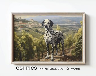 May include: A framed painting of a Dalmatian dog standing in a vineyard with a view of a small village in the background.