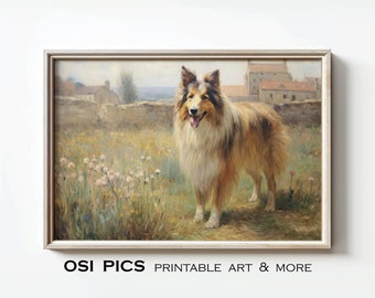 Dipinto vintage di Collie / Stampa di un vecchio cane / Decorazione da fattoria / Belle arti rustiche / Amante del Collie a pelo ruvido / Download immediato / Arte murale stampabile
