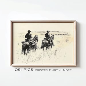 Cowboys on Horses Sketch Print, Vintage Sketch Art, Western Sketch Drawing, Neutral Nursery Wall Decor, Southwestern Country Wall Art