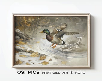 Stampa rustica di anatra, dipinto a olio vintage, arredamento da fattoria, arte di uccelli antichi, regalo per cacciatori, arte murale stampabile, download digitale