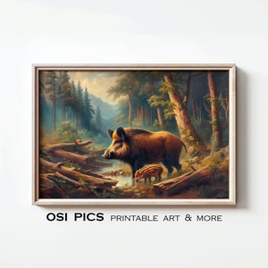 Vintage Wild Boar Painting | Old Boar Print | Farmhouse Decor | Rustic Fine Art | Boar Lover Gift | Instant Download | Printable Wall Art