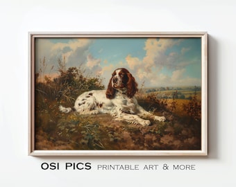 Malarstwo Vintage Spaniel, Rustykalny Springer Spaniel Wydruk, Portret antycznego psa, Wystrój domu wiejskiego, Pobieranie cyfrowe, Sztuka ścienna do druku