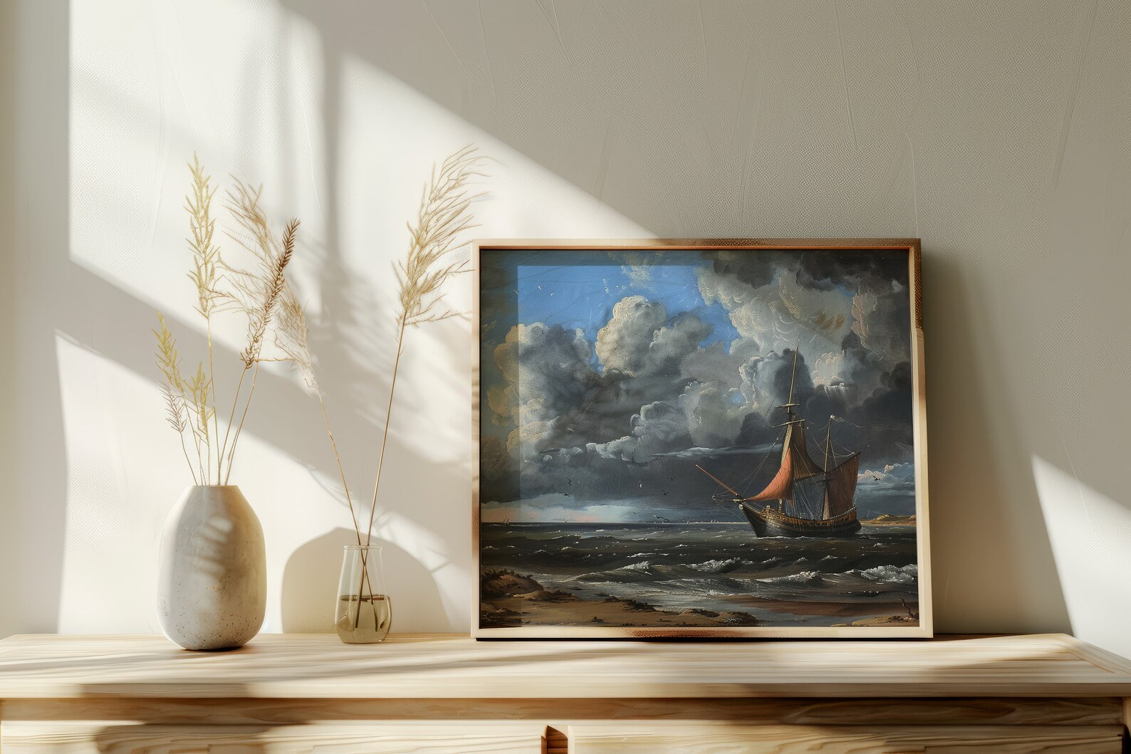 Vintage Seascape Oil Painting Antique Coastal Print Ancient Ship