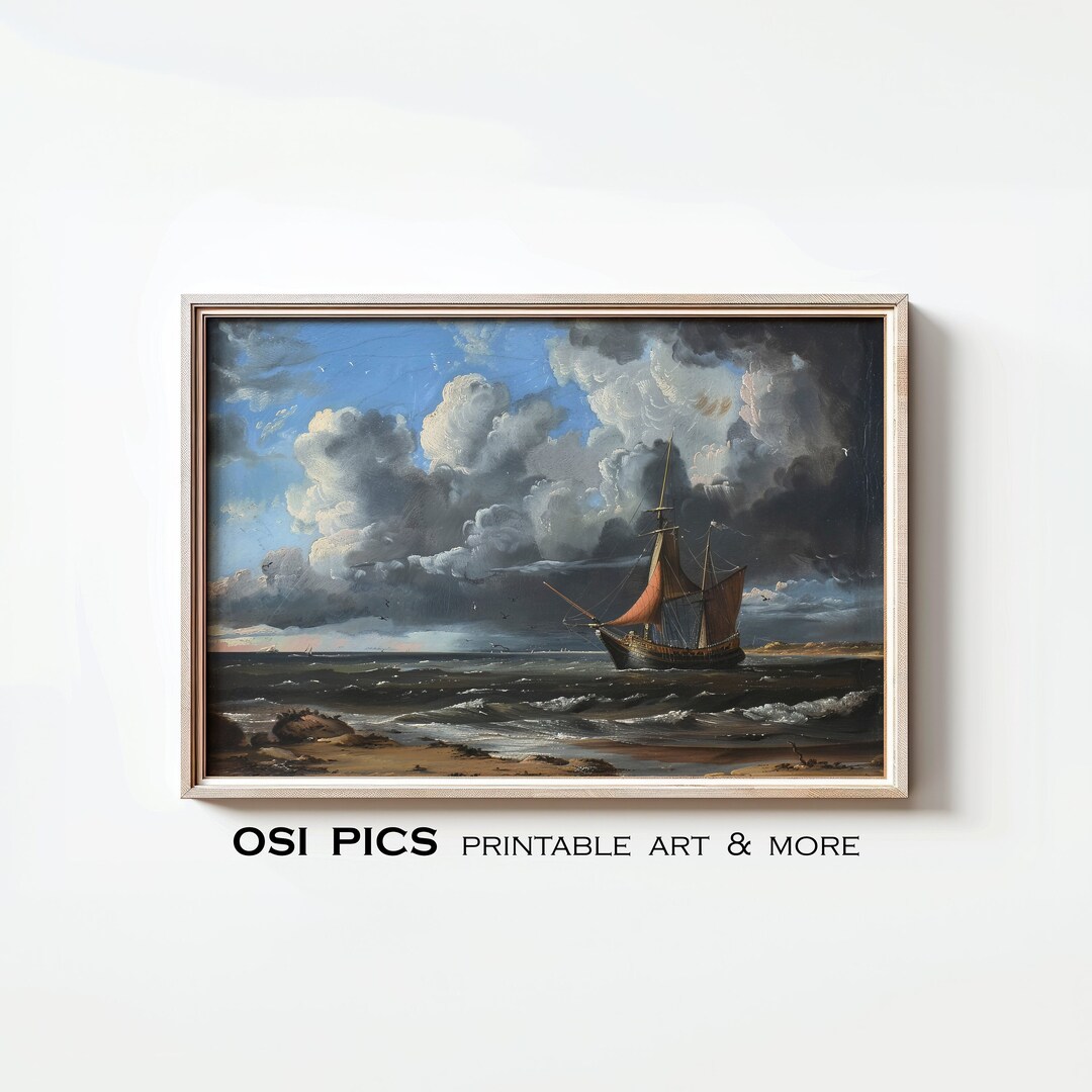 Vintage Seascape Oil Painting Antique Coastal Print Ancient Ship