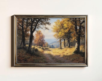 Pintura vintage de paisaje campestre, lámina artística rústica de otoño, decoración de pared antigua para casa de campo, descarga digital, pintura al óleo vintage