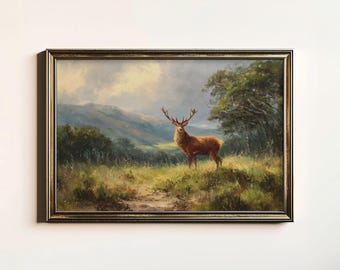 Vintage Red Deer Painting, Rustic Red Stag Print, Antique Hunting Scene Wall Decor, Gift for Hunter, Digital Download, Printable Wall Art