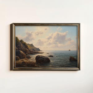 Vintage Coastal Landscape Painting, Rustic Summer Landscape Wall Art Decor, Maritime and Oceanic Print, Digital Download, Printable Wall Art