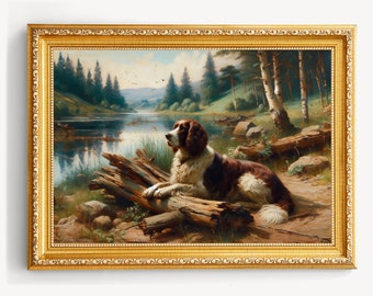 Vintage Spaniel Painting | Old Dog Print | Farmhouse Decor | Rustic Fine Art | Spaniel Puppy Lover | Instant Download | Printable Wall Art