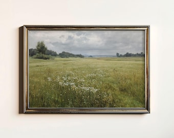 Peut inclure: Une peinture de paysage encadrée représentant un champ de fleurs sauvages sous un ciel nuageux. Le champ est vert et les fleurs sont blanches. La peinture est dans un cadre doré.