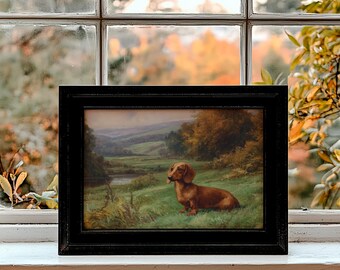 ビンテージの赤いダックスフントの絵画、素朴なソーセージ犬のプリント