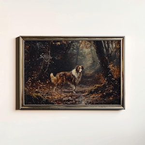 Vintage Collie Painting, Moody Border Collie Art Print, Antique Collie Wall Decor, Cottage Decor, Digital Download, Printable Wall Art