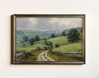 Vintage English Countryside Landscape Wall Art Print, Rustic Summer Landscape Painting, Cottage Decor, Digital Download, Printable Wall Art