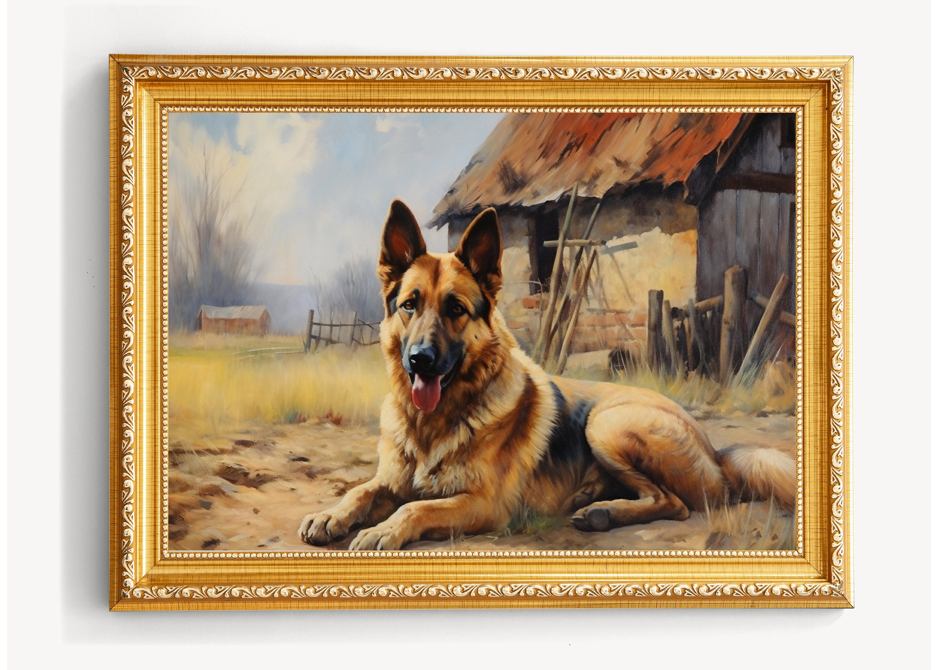 Vintage German Shepherd Painting | Farmhouse Decor | Rustic Fine Art | German Shepherd Lover ...