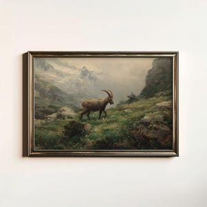 Vintage Alpine Ibex Print, Rustic Ibex Painting, Antique Steinbock Wall Decor, Cottage Decor Gift, Digital Download, Printable Wall Art