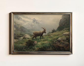 Vintage alpin stenbocktryck, rustik stenbockmålning, antik Steinbockväggdekor, stugdekorgåva, digital nedladdning, utskrivbar väggkonst
