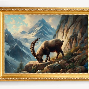 Alpine Ibex Painting | Old Alpine Ibex Print | Farmhouse Decor | Rustic Fine Art | Ibex Lover Gift | Instant Download | Printable Wall Art