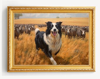 Vintage Border Collie Painting | Old Dog Print | Farmhouse Decor | Rustic Fine Art | Dog Lover Gift | Instant Download | Printable Wall Art