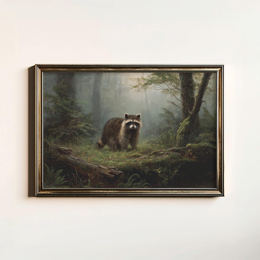 Rustic Raccoon Vintage Raccoon Painting, Rustic Raccoon Print, Antique American ...