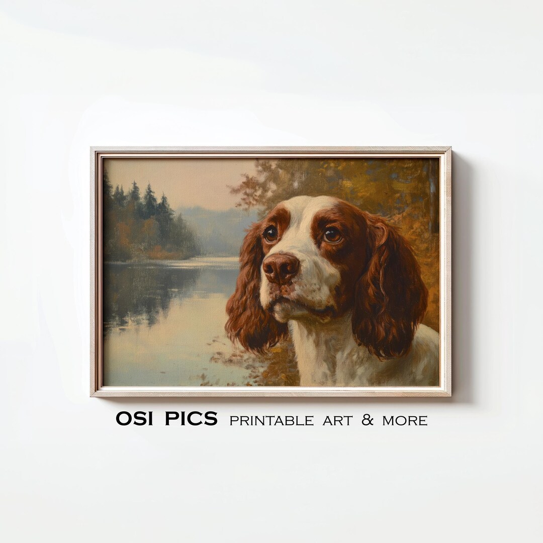Vintage Spaniel Painting, Antique Springer Spaniel Portrait, Rustic Dog ...