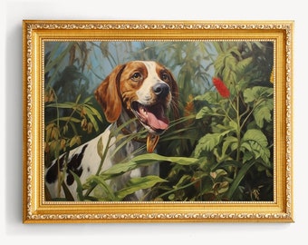 May include: A framed oil painting of a brown and white dog with a red flower in the background. The dog is looking to the right and has its mouth open. The painting is set in a gold frame.