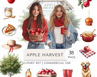 Conjunto de imágenes prediseñadas de la cosecha de manzanas / Pegatinas digitales de otoño de granja