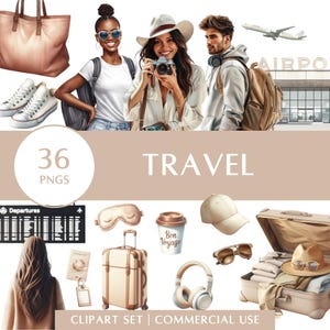 Reisclipartset | Illustraties luchthaven, bagage, paspoorten en avontuur | Digitale stickers