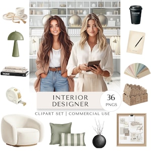 May include: An interior designer clipart set with 36 PNGs. The image features two women, along with various interior design elements such as a chair, pillows, a lamp, books, a coffee cup, and a mood board. The text "INTERIOR DESIGNER" is displayed.