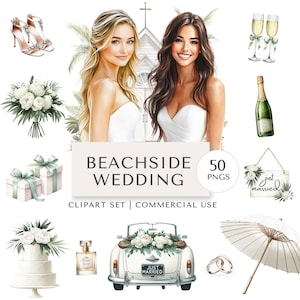 Hochzeit am Strand Clipart Set | 50 PNG | Küsten Hochzeitsszenen, Dekor, Mode & Florale | Digitale Aufkleber