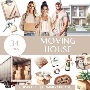Clipartset verhuizen | Huizenkoper, nieuw huis, dozen, vrachtwagen, sleutels, stickers vastgoedplanner | Digitale stickers | Commercieel gebruik
