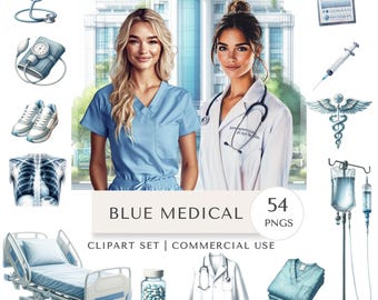 Blue Medical Clipart Set | Nurse Doctor Hospital Digital Stickers