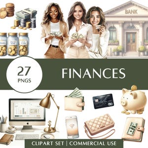 Set di clipart finanziarie / Illustrazioni di denaro, budget e servizi bancari digitali / Adesivi digitali / Uso commerciale
