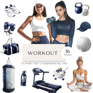 Workout Fitness Clipart Set PNG | Gym Clipart Bundle | Workout Gear, People, Dumbbells, Treadmill, Yoga | Digital Planner Stickers
