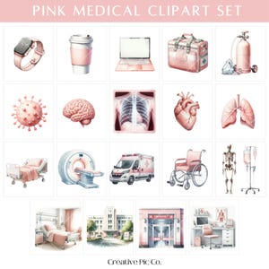 May include: Pink medical clipart set featuring a smartwatch, coffee cup, laptop, medical bag, oxygen tank, virus, brain, X-ray, heart, lungs, hospital bed, MRI machine, ambulance, wheelchair, skeleton, IV drip, hospital room, hospital building, emergency room, and desk.