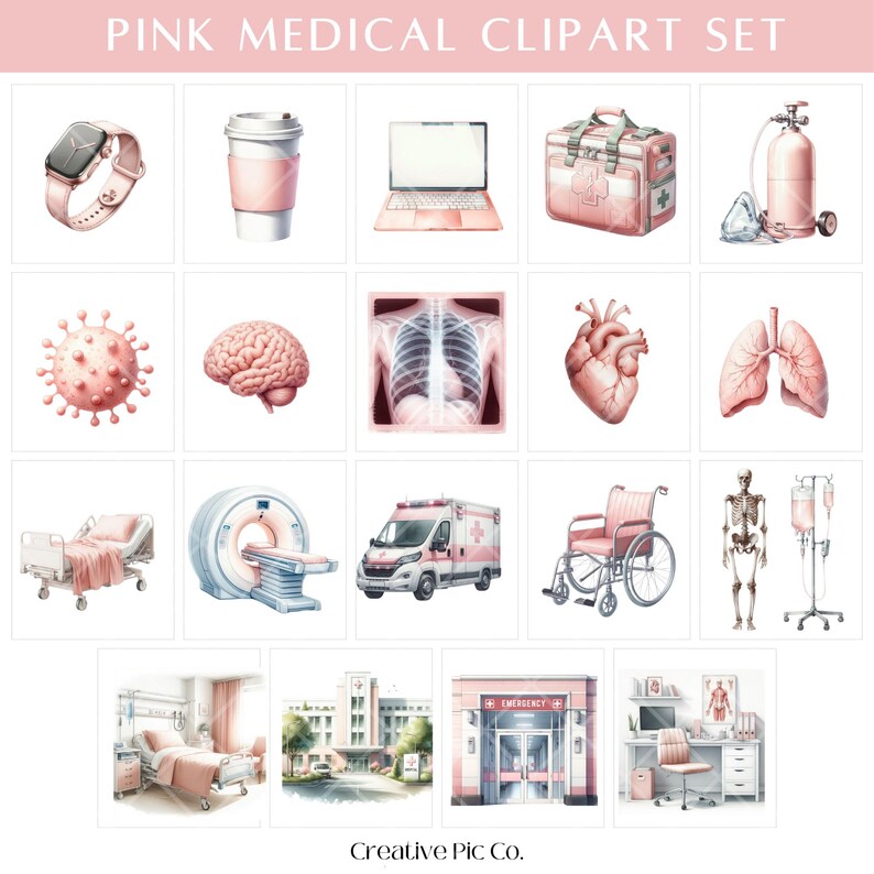 May include: Pink medical clipart set featuring a smartwatch, coffee cup, laptop, medical bag, oxygen tank, virus, brain, X-ray, heart, lungs, hospital bed, MRI machine, ambulance, wheelchair, skeleton, IV drip, hospital room, hospital building, emergency room, and desk.