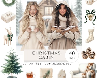 Christmas Cabin Clipart Set | Holiday Festive Snow Digital Stickers