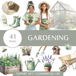 Conjunto de clipart de jardinagem | PNGs de estufas, plantas, ferramentas e natureza | Adesivos digitais | Uso comercial incluído