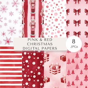 Può includere: Una collezione di otto carte digitali natalizie rosa e rosse. I disegni includono fiocchi di neve, schiaccianoci, pois, fiocchi, strisce, scatole regalo e alberi di Natale. Il testo "Pink & Red Christmas Digital Papers" è visibile.