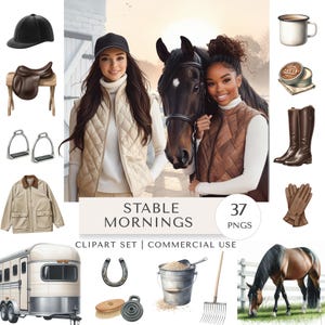 May include: A collection of equestrian-themed clipart with the text "Stable Mornings". The image includes a black riding cap, saddle, stirrups, jacket, horse trailer, horseshoe, and other riding accessories. Two women pose with a horse.