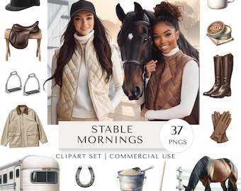 May include: An equestrian-themed clipart set with the text "Stable Mornings". The image features a black riding cap, saddle, stirrups, jacket, horse trailer, horseshoe, and other riding accessories. Two women pose with a horse.
