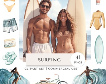 Surfing Clipart Set | Summer Beach Digital Stickers
