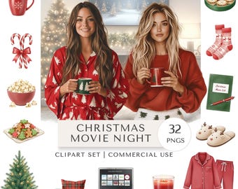Christmas Movie Night Clipart Set | Festive Holiday Digital Stickers