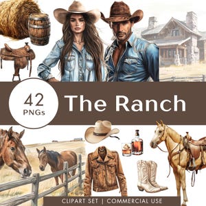 O Rancho Aquarela Clipart Conjunto Cavalos Ilustração Digital Download