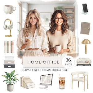 May include: A digital art set with home office items. The image includes two women, coffee mugs, a computer, a plant, headphones, pens, a phone stand, a journal, a desk lamp, stacked boxes, a file organiser, a chair, and iced coffee. Text reads "HOME OFFICE" and "36 PNGs".