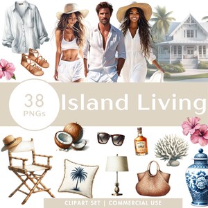 Conjunto de clipart de vida na ilha, interiores, ilustração em aquarela, adesivos digitais