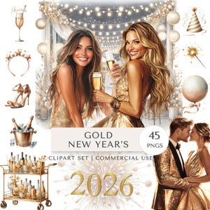 Set di clipart di Capodanno in oro / Adesivi digitali per feste glamour