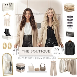 Op de afbeelding: Digitale illustratie van een boetiekscène met twee vrouwen, kleding en accessoires. Inclusief een blazer, broek, handtassen, schoenen, zonnebrillen en een creditcard. De tekst "THE BOUTIQUE" en "20 PNGS" zijn zichtbaar.