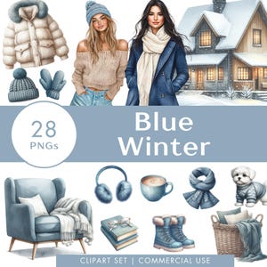 Conjunto de clipart de inverno azul, adesivos digitais de ilustração em aquarela de inverno aconchegante